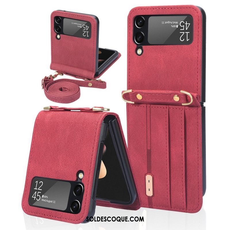 Coque Samsung Galaxy Z Flip 3 5G Style Cuir Porte-Cartes et Lanière