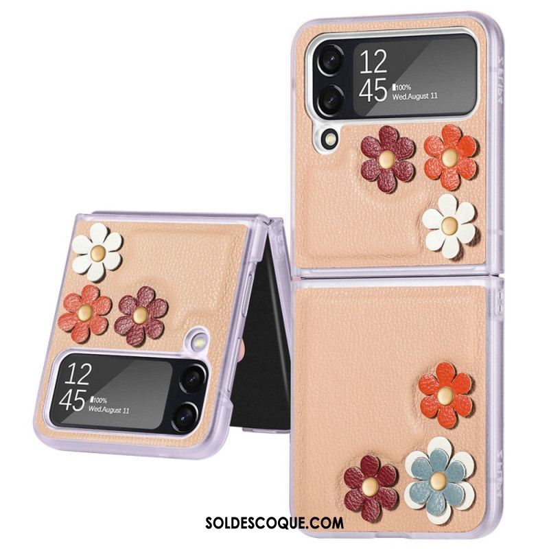 Coque Samsung Galaxy Z Flip 4 Simili Cuir Fleurs