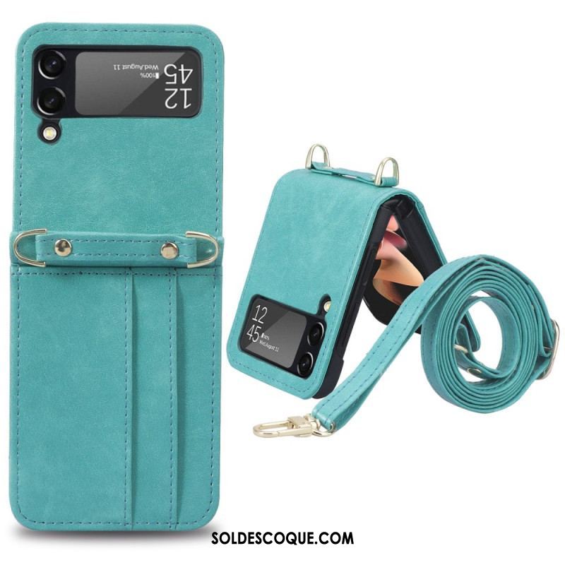 Coque Samsung Galaxy Z Flip 4 Style Cuir Porte-Cartes et Lanière