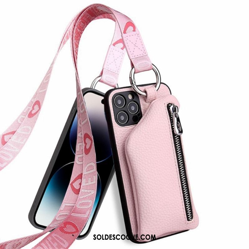 Coque iPhone 14 Pro Max Porte Monnaie et Lanière