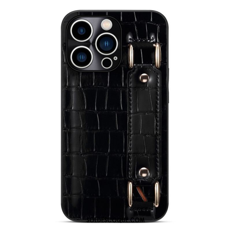 Coque iPhone 14 Pro Porte-Carte avec Sangle Support Croco