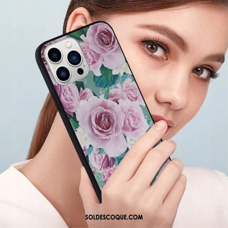 Coque iPhone 14 Pro Simili Cuir Florale