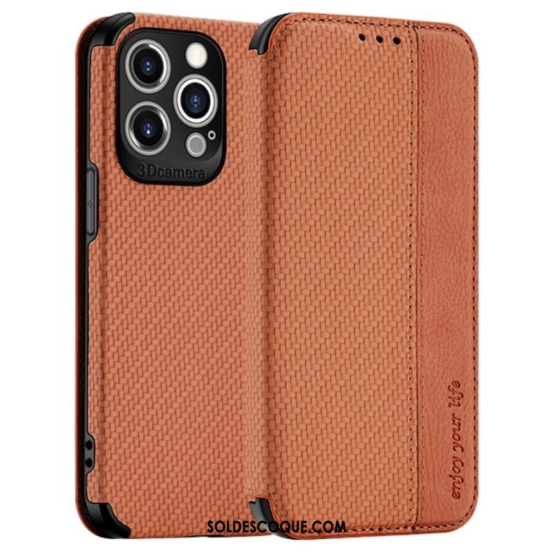 Flip Cover iPhone 14 Pro Fibre Carbone Fermoir Ventouse