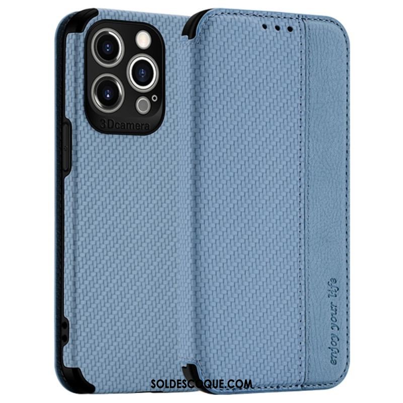 Flip Cover iPhone 14 Pro Max Fibre Carbone Fermoir Ventouse