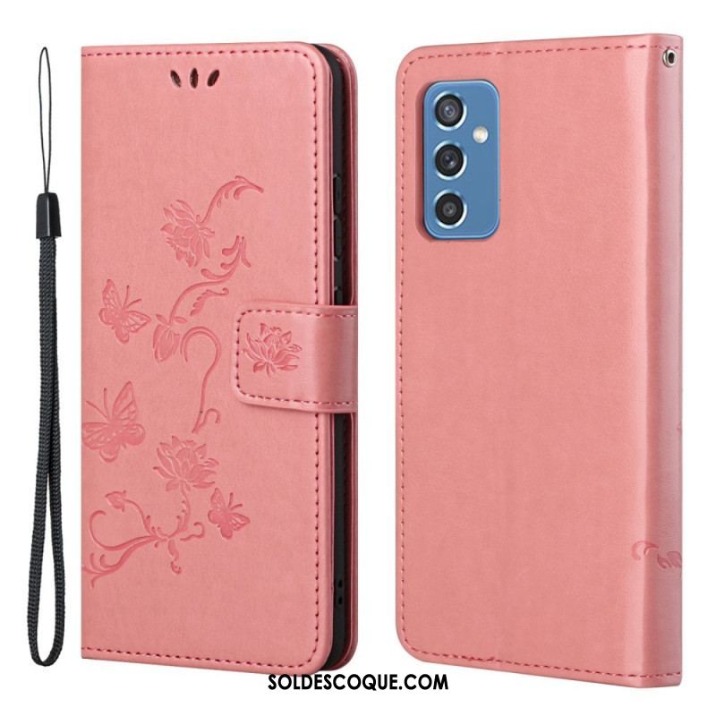 Housse Samsung Galaxy M52 5G Papillons et Fleurs à Lanière