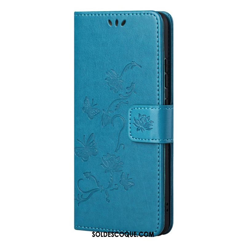 Housse Samsung Galaxy M52 5G Papillons et Fleurs à Lanière