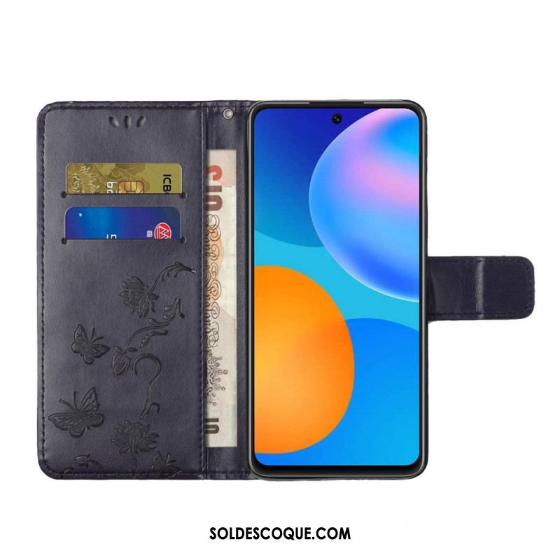 Housse Samsung Galaxy M52 5G Papillons et Fleurs à Lanière