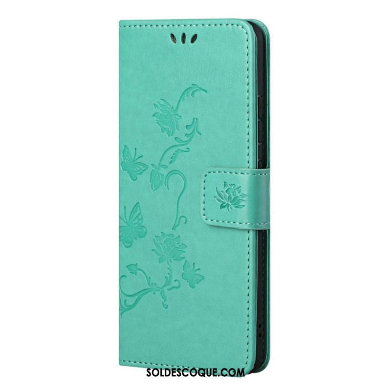 Housse Samsung Galaxy M52 5G Papillons et Fleurs à Lanière