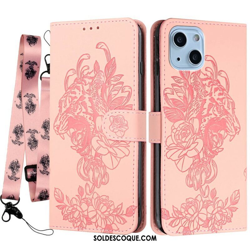 Housse iPhone 13 Mini Tigre Baroque à Lanière