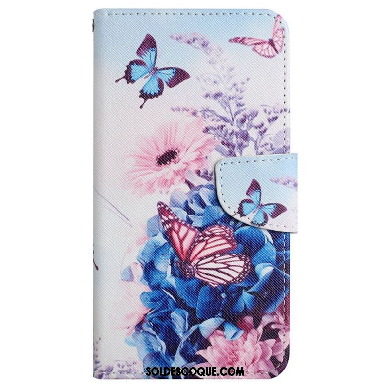 Housse iPhone 15 Papillons et Fleurs à Lanière