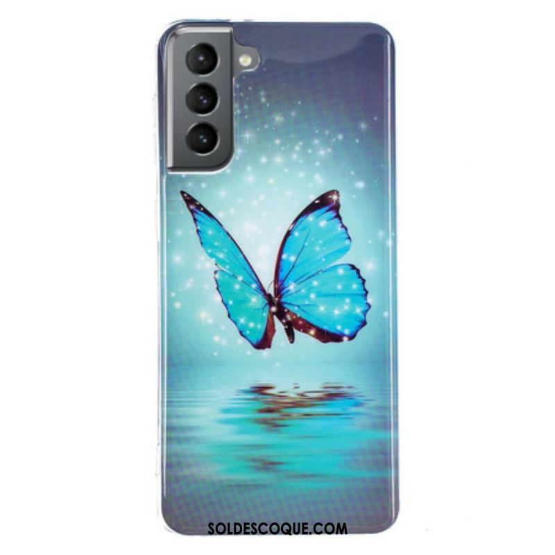 Coque Samsung Galaxy S21 FE Papillon Bleu Fluorescente