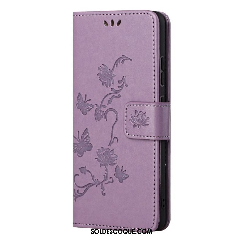 Housse Samsung Galaxy M52 5G Papillons et Fleurs à Lanière